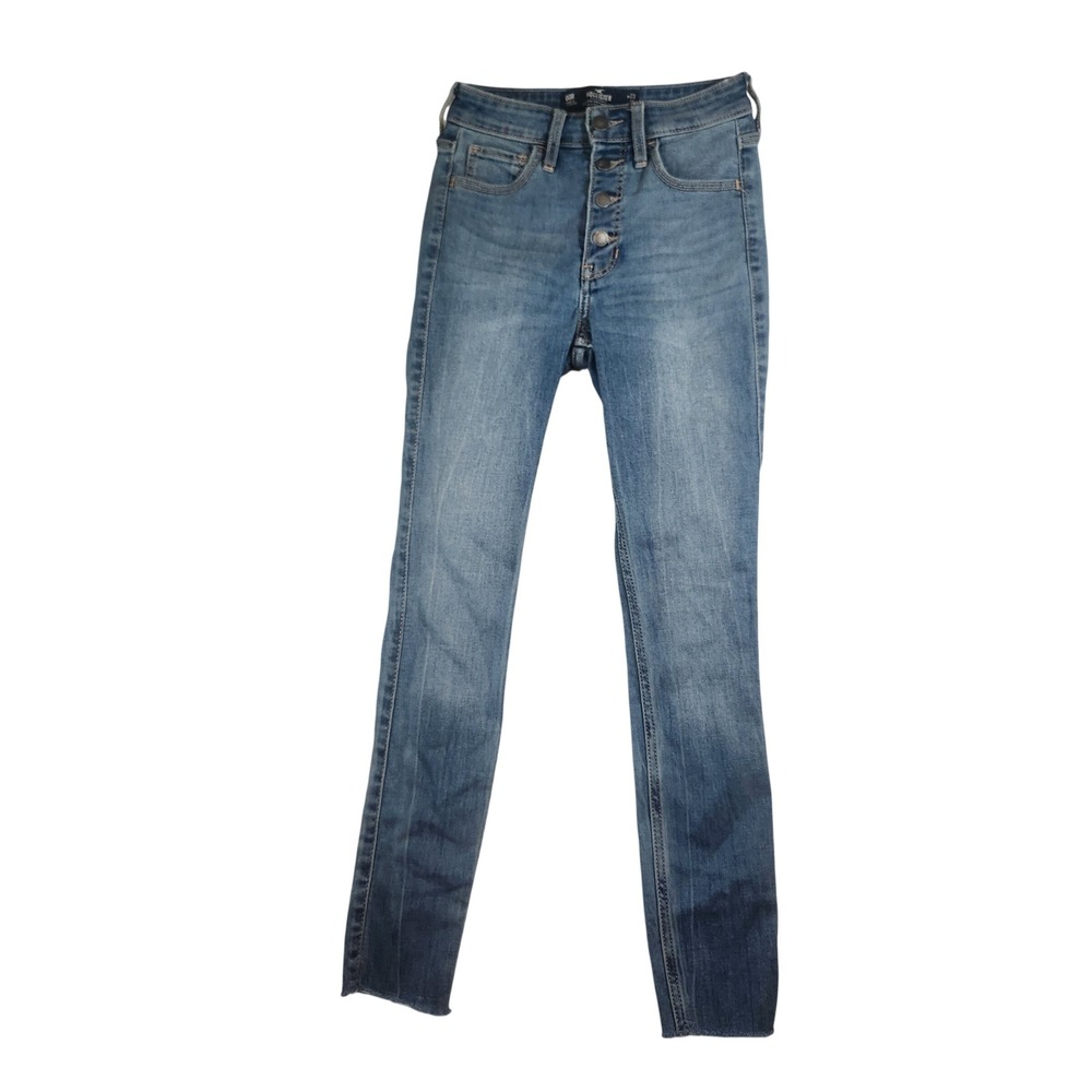 Hollister High Rise Super Skinny Crop Jeans Button Fly Raw Hem Blue L26